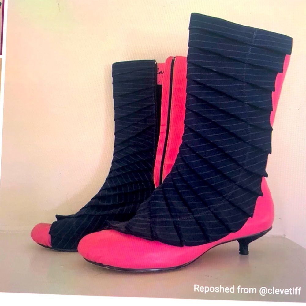 Irregular choice, kitten, heel boots, pink, leather and blue denim size 8